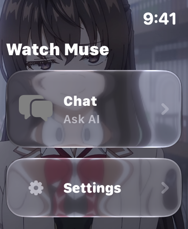 WatchMuse on Apple Watch: Chat and Settings, with a custom background