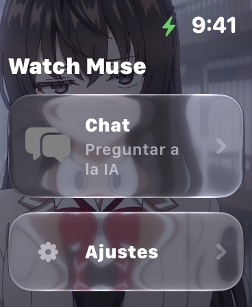 WatchMuse en Apple Watch con Chat, Ajustes y un fondo personalizado